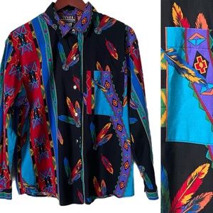 VINTAGE OZARK MOUNTAIN Button Up Shirt Western Tribal Aztec Pocket Sz M
